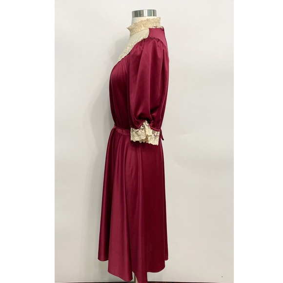 vintage | burgundy satin victorian lace high collar puff sleeve midi dress m - Picture 6 of 14